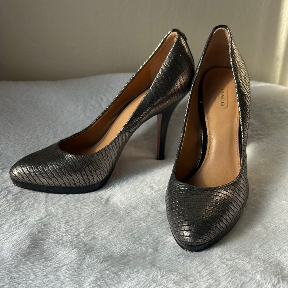 Coach Caya Gun Metal Embossed Foil Snake Print Heels, Size 8 1/2
